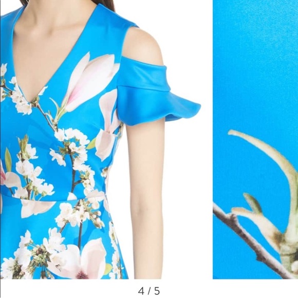 NWOT- Ted Baker Blue Floral Cold-Shoulder Dress Size 5 (10/12) - Picture 3 of 12